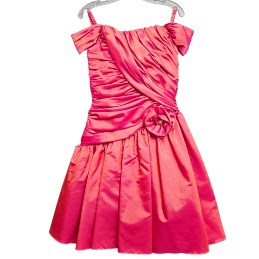 Vintage 80's Darcy Off Shoulder Salmon/Pink Satin Ruched Asymetrical Prom Dress